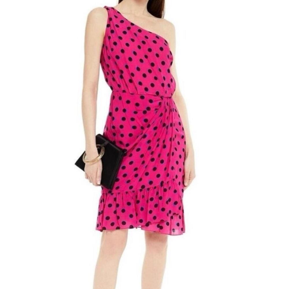 DEREK‎ LAM 10 CROSBY Hot Pink Polka Dot One Shoulder Dress 14 Cocktail Party